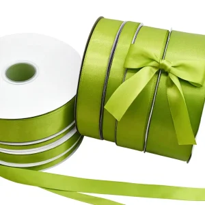 Hanfan Factory Bulk Supply Glossy Green Polyester Satin Ribbon 3mm-5cm Custom Width Embossed Logo Plain Packaging Garment Craft