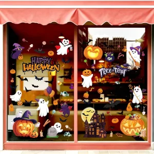Happy Halloween Window Decals Ghost Pumpkin Bat Witch Cat Haunted House Static Stickers for Store Glass Door Home Party