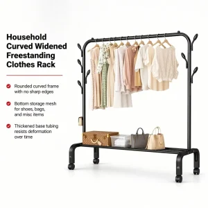 Heavy Duty Anti rust Black 7 Side Hooks Double Layer Mesh Storage Organizer for Family Closet Freestanding Garment Stand