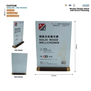 High Quality Wooden Base Desktop Sign Holder Customized Logo Vertical Acrylic T Stand for Hotel Table Display