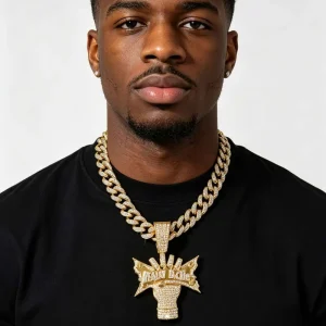 Hip Hop Champion Necklace with REALLY RICH 3D Letters Iced Out Middle Finger Gesture Zinc Alloy Cuban Link Jewelry Party Gift