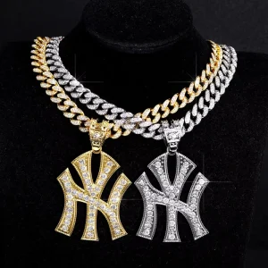 Iced Out Double Overlap Initial NY Pendant Necklace, Full CZ Rhinestone Gold Silver Chunky Cuban Link Chain Hip Hop Jewelry