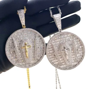 Iced Out Round Letter Pendant Cuban Chain Necklace CZ Rhinestone Hip Hop Jewelry for Men