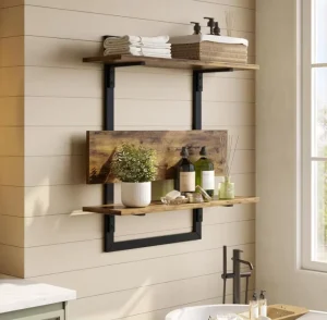 Indoor Wooden Bookshelf 3 Storey Floating Wall Mounted Kitchen Folding Bracket Coffee Bar Display Stand for Hotel Apartment