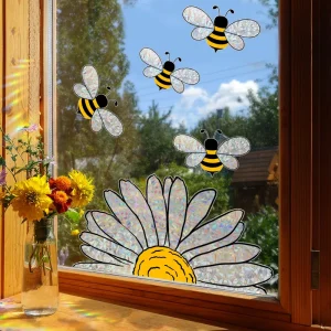 Iridescent Static Glass Decals Sunflower Bee Window Stickers for Home Decor Sunlight Inspired Sunflowers