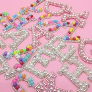 Iron on Letter Alphabet Pearl Rhinestone Words Ironing on Patches 4.5 Inch Glitter Handmade DIY Letters Patches for Clothing