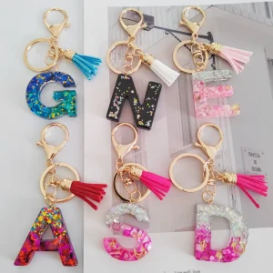 KC307 Colorful Resin Initial Letter Keychain with Bee Charm Tassel Personalized Monogram Keyring for Bags Backpacks Gifts