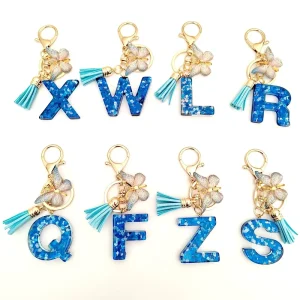 KC374 Blue Glitter Resin Initial Letter Keychain with Butterfly Tassel Bag Charm