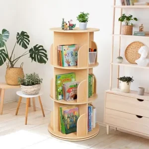 Kids Rotating Bookshelf Tower 3 Tier Spinning Floor Standing Montessori Bookshelf Storage Rack Large Chassis 360 Display