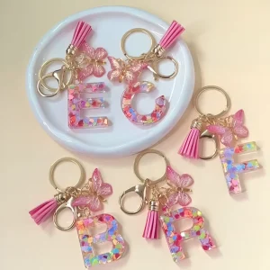 Korean Style Acrylic Keychain Women Bags Pendant Pink Butterfly with Tassels A Z Letters