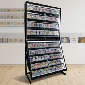 LED Lighting Single Side Acrylic Graded Card Showcases Display Stands Sliding Lockable Door Retail Trading Store Case Stand