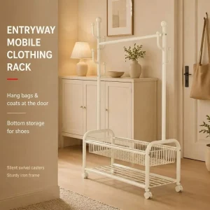Large Capacity White Double Mesh Storage Closet Organizer for Kids Bedroom Portable Clothes Rack
