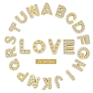 Large Hole Crystal Paved Alphabet Beads Stainless Steel 14K Gold Silver A Z Letter Charms For Custom Jewelry DIY