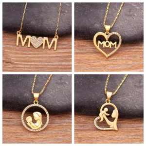 Letter MOM Pendant Heart Shape Crystal Gold Color Women Necklace Copper Cubic Zircon Jewelry Mother’s Day Gift