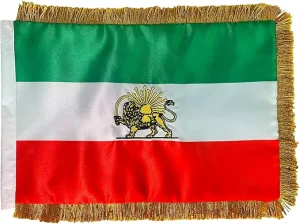 Lion and Sun Table Flag Iran 20x30cm Double Sided Satin Adjustable Pole 24-42cm for Desk Historical Persian Banner