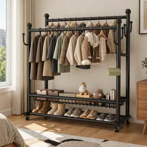 Living Room Easy to Assemble Thickened Double Rod Metal Clothing Garment Rack Spring Fastener Coat Rack with Wheels