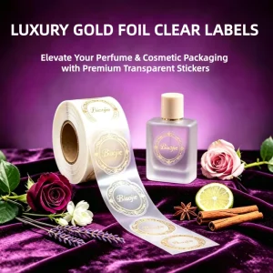Luxury Clear Stickers Printing Waterproof PVC Self Adhesive Transparent Labels Gold Foil Logo Kiss Cut Round Roll Clear Labels