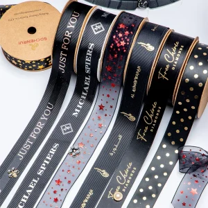 Luxury Gold Silver Foil Printed Polyester Satin Ribbon with Custom Logo for Christmas Jewelry Boxes