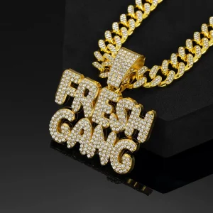 Mens Iced FRESH GANG Alphabet Pendant Full Diamond Stainless Steel Alloy Cuban Link Chain Hip Hop Statement Gift Rappers