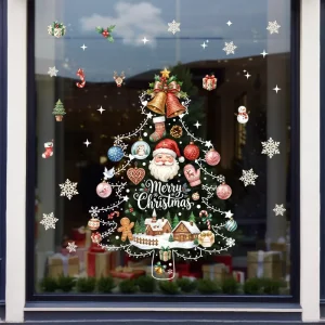 Merry Christmas Window Stickers Hollow Out Xmas Tree Santa Gift Bell Snowflake Static Clings Reusable Glass Decals UV Resistant