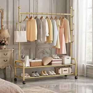 Metal Double Rod Coat Rack with Wheels and Shelf Modern Clothes Drying Rack for Bedroom Balcony Living Room