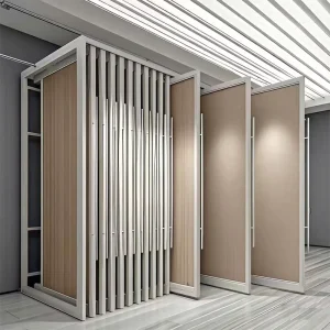 Metal Indoor Display Rack with Push Pull Slider Wooden Door Sample Showcase Push Pull Door Display Stand