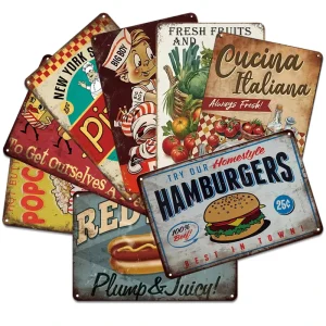 Metal Tin Advertising Burger Ice Cream Sign Wall Decoration Retro Cola Beer Signs Metal Wall Hanging Plate Vintage