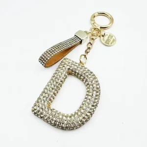 Metallic D Letter Full Rhinestone Keychain Crystal Pu Leather Strap Bag Charm Spring Ring Car Key Pendant Gift Accessory