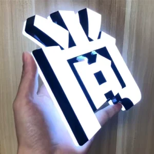 Mini LED Illuminated Sign in Neon Light Blue Black White Stainless Steel & PVC Resin Letters for Advertising Purpose