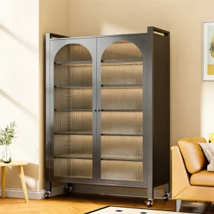 Mobile Dustproof Shelf with Glass Door Living Room Storage Cabinet Cream Style Figure Display Cabinet Shelving Unit