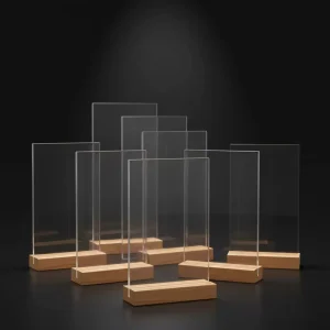 Modern Acrylic Wood Base Hotel Restaurant Sign Stand A5 Advertising Poster Display Racks for Water Resistant Table Menu Sign