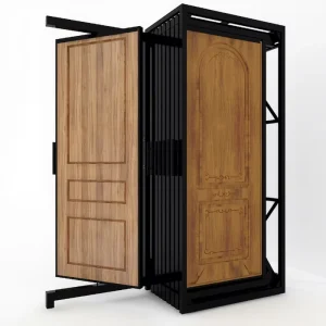 Modern Custom Wooden Door Display Stand with Pull Push Sliding Shelves Eco Friendly for Metal Rack