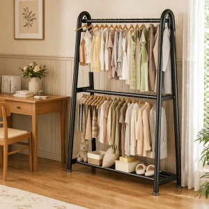 Modern Design Iron Double Rod Clothes Rack Wheels 2 Bottom Shelves 2 Side Shelves Thickened Design Detachable for Bedroom Living