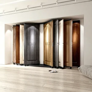 Modern Eco friendly Door Display Rack Sliding Track Type Interior Door Sample Stand Freestanding Showroom Exhibition Shelf