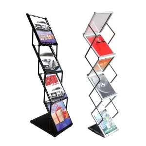 Modern Style Foldable Z Shape 4 Shelves Metal Brochure Holder Floor Display Stand for Exhibitions