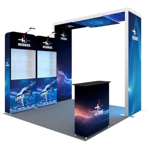Modular Aluminum Expo Booth Tension Fabric Illuminated Perfume Cosmetic Showcase Reception Table LED Light Trade Show Display