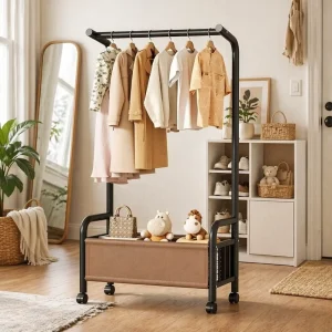 Movable Double Rod Coat Rack with Double Layer Storage Shelves Multifunction Garment Rack Cloth Rack