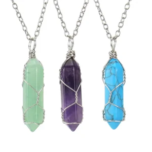 Natural Stone Amethyst Rose Quartz Agate Wire Wrapped Double Terminated Hexagonal Column Bullet Shape Silver Pendant Necklace