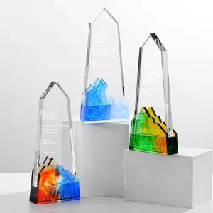 New Design Colorful Base Crystal Awards Glass Crystal Trophy Gift Box Customized Laser Engraved Logo