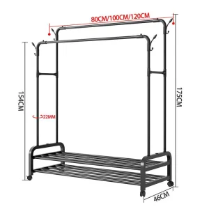 New Double pole Wheeled Simple Clothes Drying Rack Floor standing Bedroom Coat Rack and Balcony Hanging Rack
