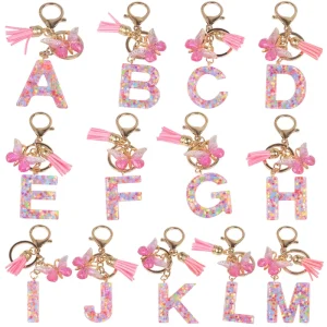 New Fashion Colorful Sequin Butterfly Tassel Gifts for Girl Women Pink Acrylic 26 Initial English Letter Keychains