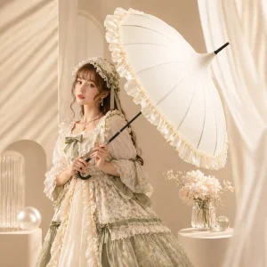 OEM Custom Logo Lolita Lace Pagoda Umbrella 16 Rib Ruffle Bridal Wedding Hook Handle Sun Rain Parasol for Women Lady