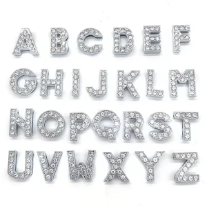 Online Sell Crystal Diamond Metal Letter Clogs Shoe Buckle DIY Silver Letter Shoes Decorations Rhinestone Shoe Charms Alphabet