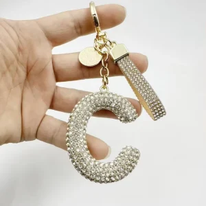 Ornate C Letter Full Rhinestone Keychain Crystal Pu Leather Strap Bag Charm Spring Ring Car Key Pendant Gift Accessory