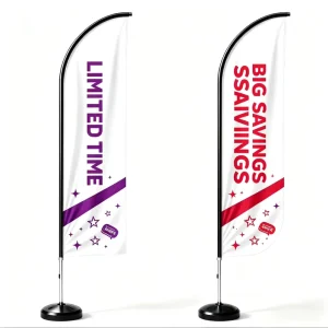 Outdoor Advertising Pennant Curved Blade Cloth Flag Display with Fiberglass Indoor Floor Base for Retail Brand Promotion