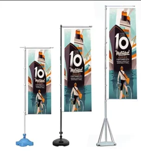 Outdoor advertising water filled flags are customizable available in multiple sizes come with a selectable water filled base