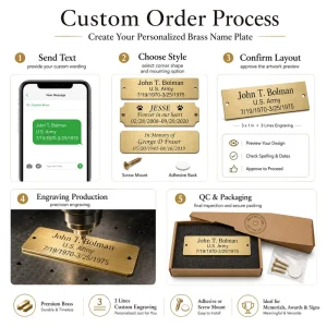 Personalized Custom Laser Engraved Solid Brushed Gold Brass Name Plate Frame Self Adhesive Metal Art Label Tag