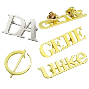 Personalized Custom Logo Metal Safety Pin Hollow Out Gold Laser Cutting Letter Brooch Pin Badge for Women