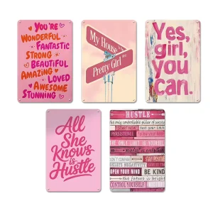 Pink Inspirational Rectangle Metal Sign Girl Power Positive Motivational Quote Wall Decor