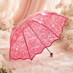 Pink Lace Princess Umbrella Manual Open Floral Scallop Edge Plastic Parasol for Wedding Lolita Party Retail Gifts